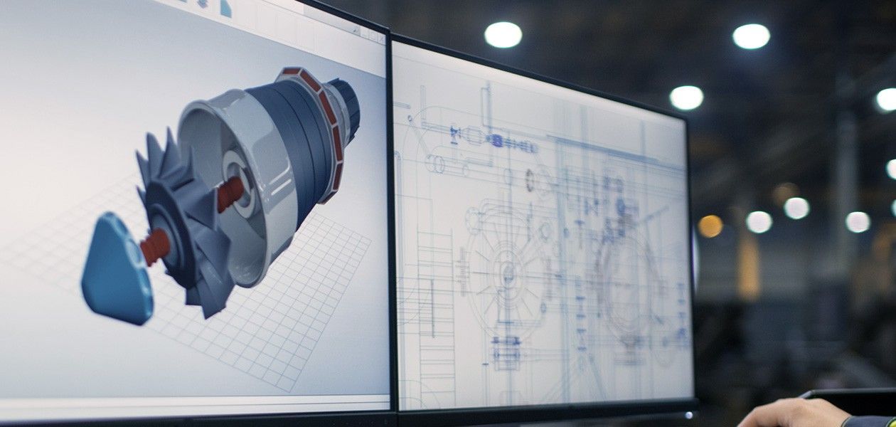 Berufshaftpflichtversicherung für Ingenieure Ein Ingenieur sitz am Computer. Auf dem Bildschirm sieht man ein Maschinenteil.