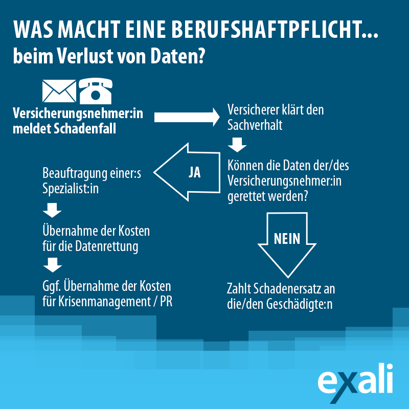 Ein Schaubild das aufzeigt, was eine Berufshaftpflicht bei Datenverlust macht. Können die Daten nicht gerettet werden, wird der Schaden bezahlt. Ansonsten werden Spezialisten beauftragt, die versuchen, die Daten zu retten.